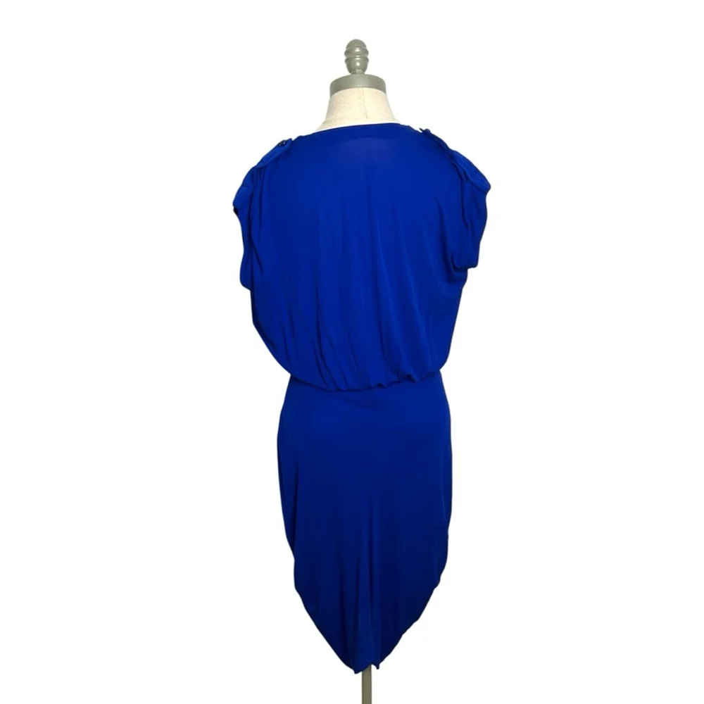 Alexander McQueen Royal Blue Plunge V-Neck Midi Shirred Cocktail Dress Medium